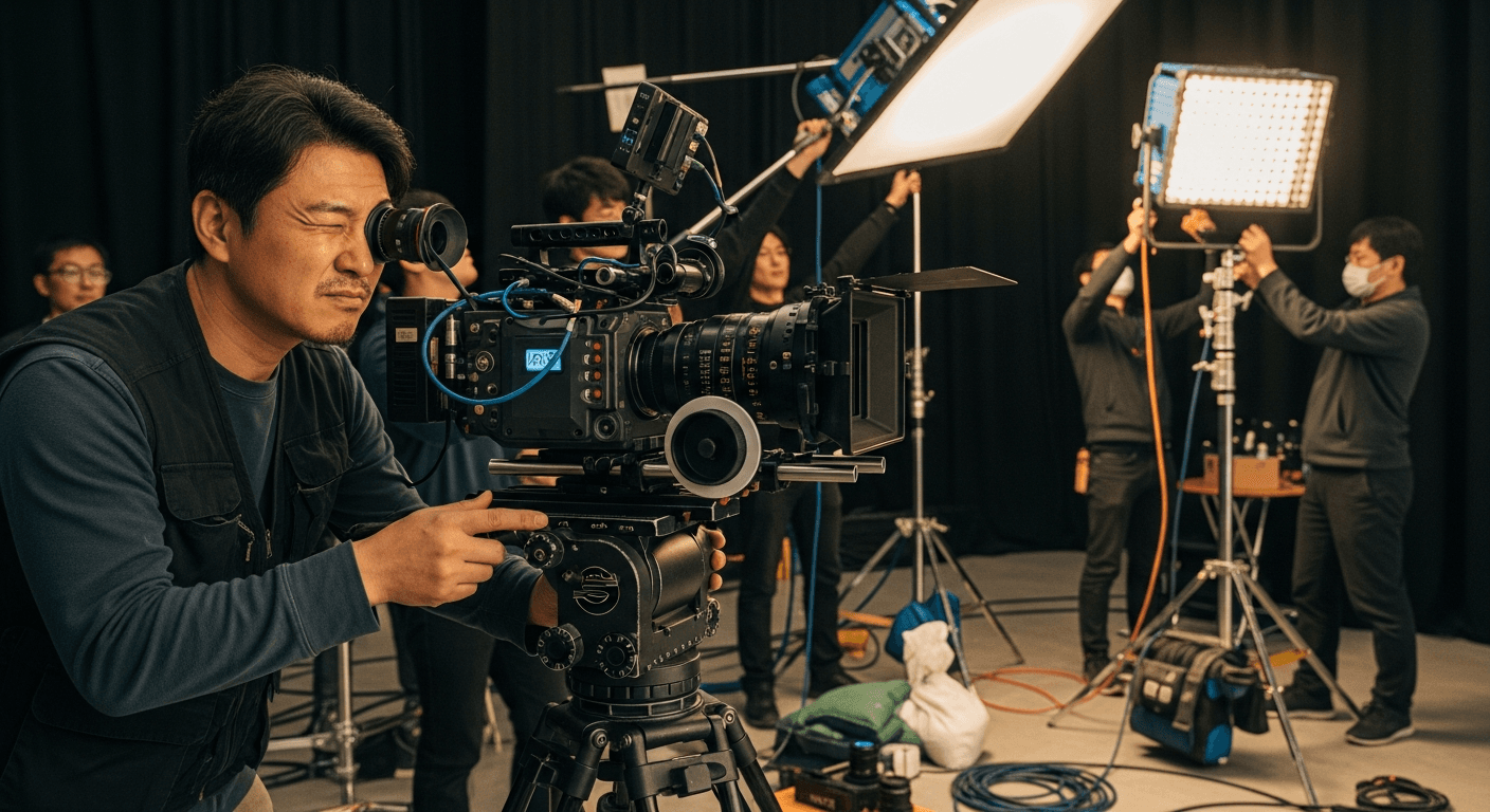 영화 촬영 현장에서 장비를 점검하는 스태프
