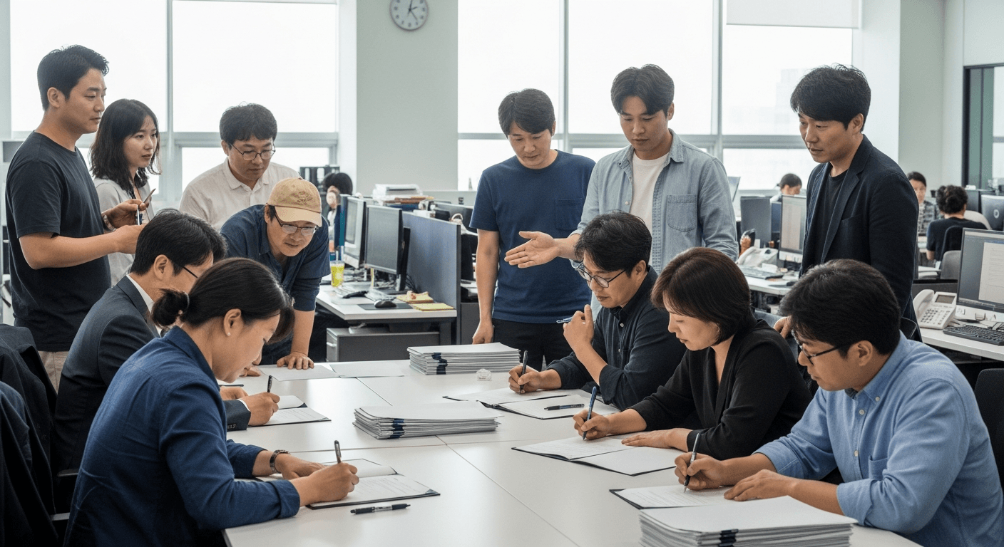계약서에 서명하는 영화 스태프들과 정책 지원 관련 사무 환경