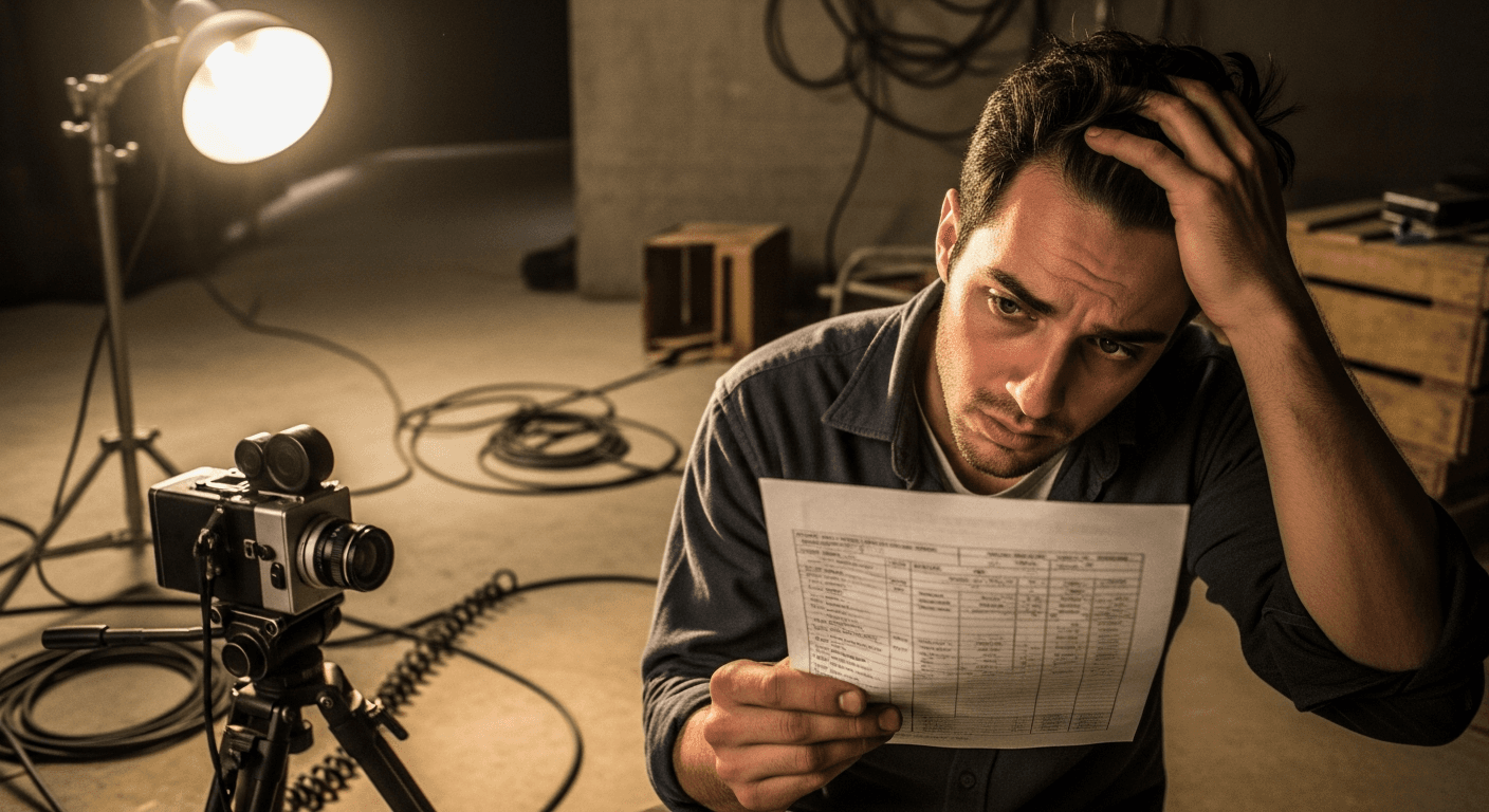 임금 명세서를 들고 고민하는 영화 현장 스태프