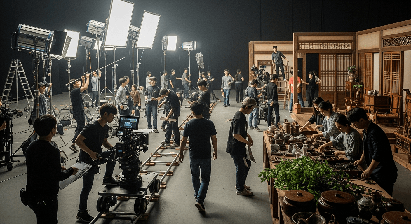 영화 제작 현장에서 스태프들이 카메라와 조명 장비를 준비하는 모습