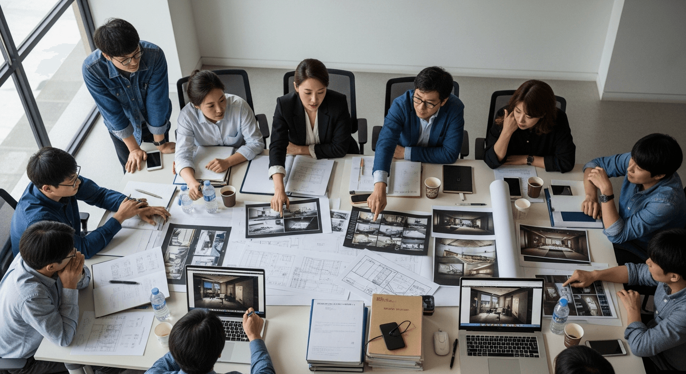 영화 프리프로덕션 단계에서 감독과 스태프들이 테이블에 모여 스토리보드를 검토하는 모습