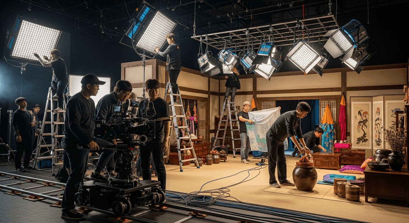 영화 촬영 현장에서 촬영부, 조명부, 미술부 스태프들이 각자 위치에서 작업하는 모습