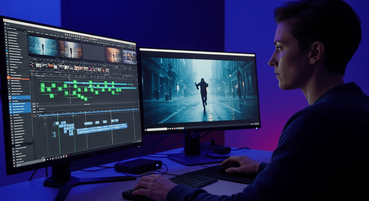 영상 편집 스튜디오에서 AI 도구를 활용해 작업 중인 영상 편집자의 전문적인 모습