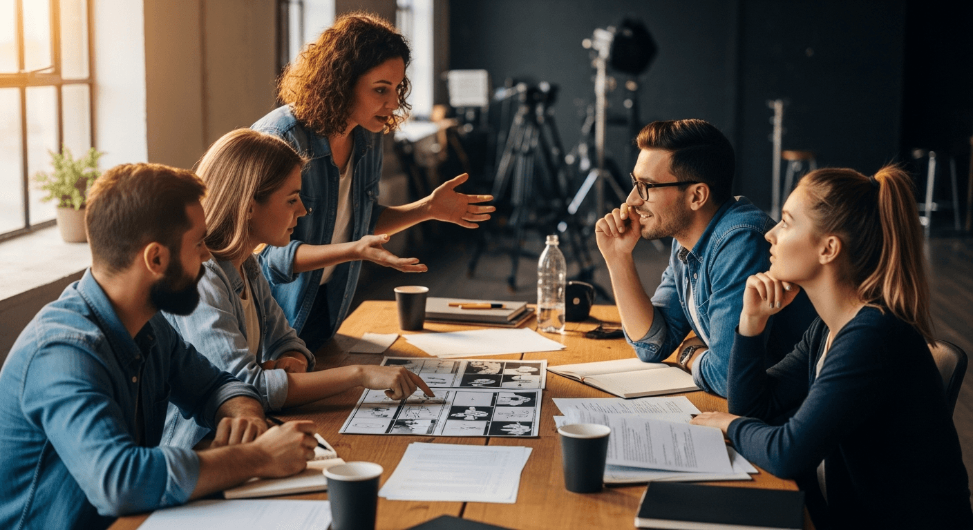 영화 현장에서 스태프들이 협업하며 기획 회의를 하는 장면, 창의적인 스토리텔링 과정