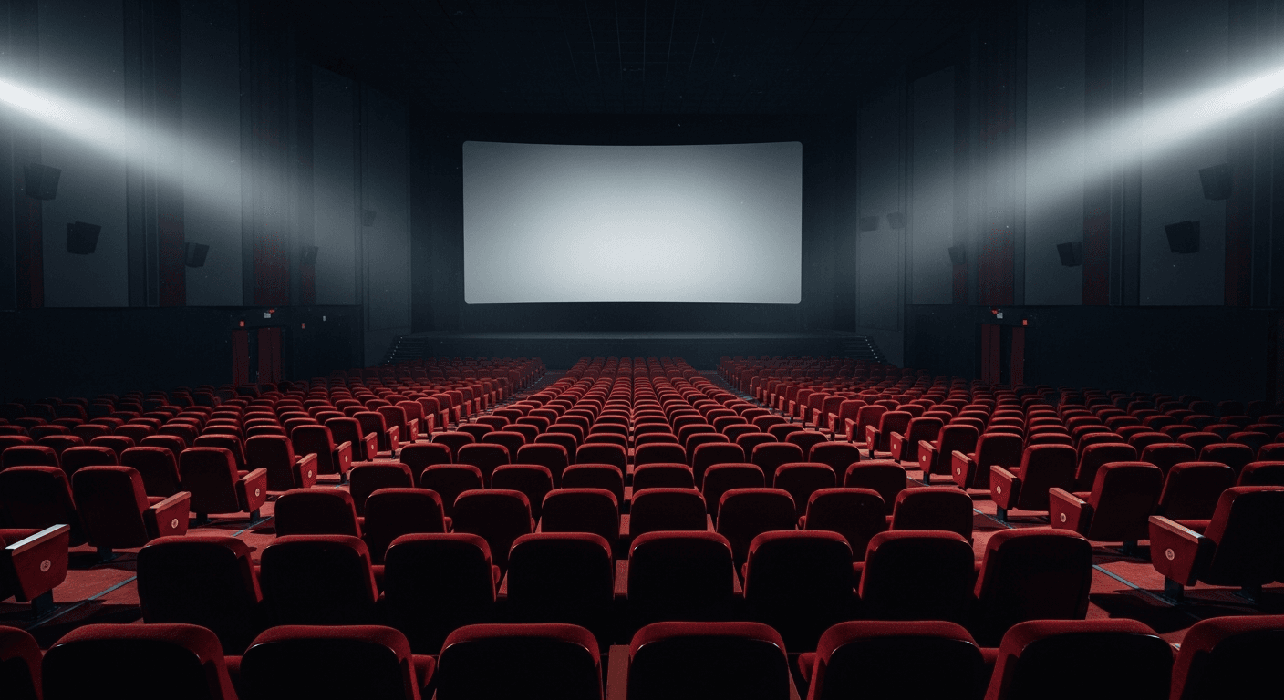 극장 스크린 앞 텅 빈 좌석과 OTT 모니터 화면이 대비된 영화 산업 변화 이미지