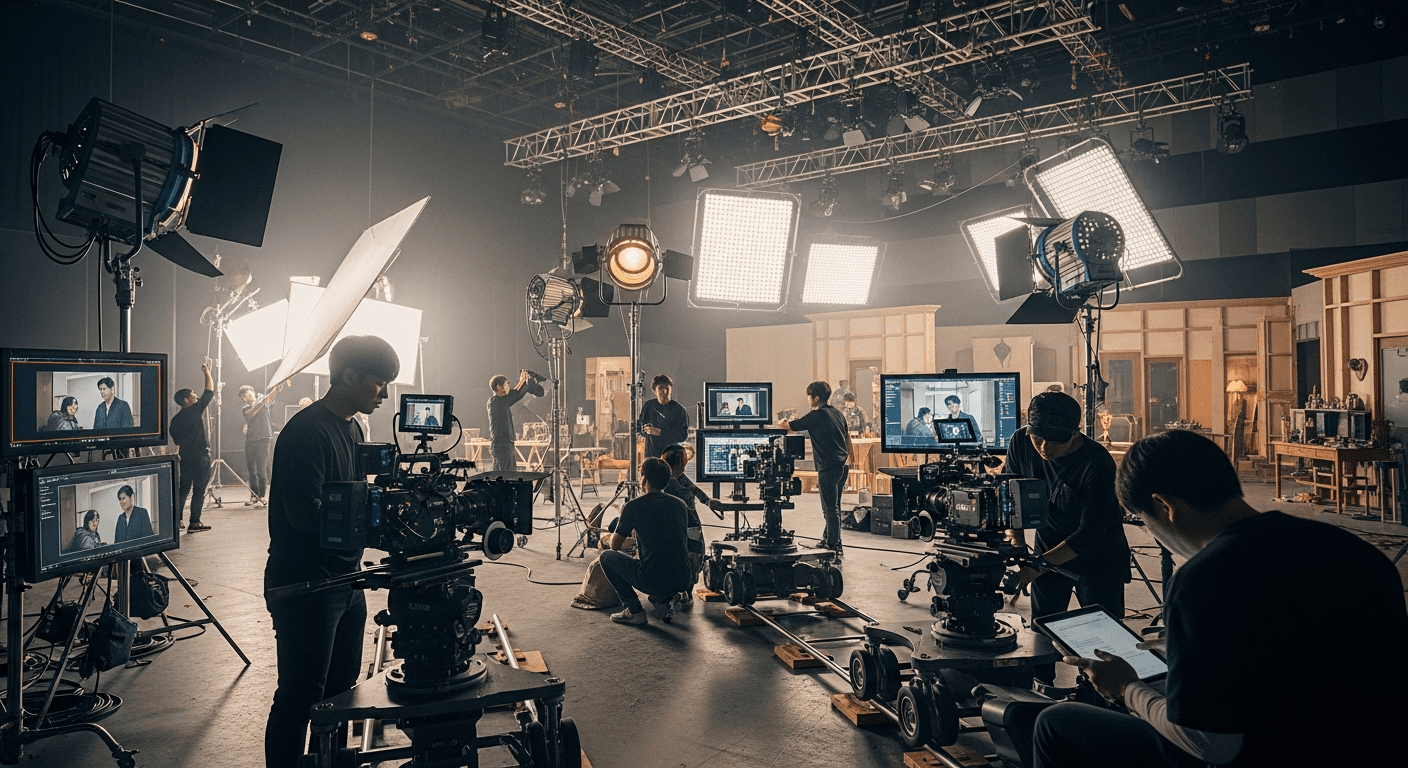 넷플릭스 드라마 촬영 현장의 카메라 장비와 조명 세트업