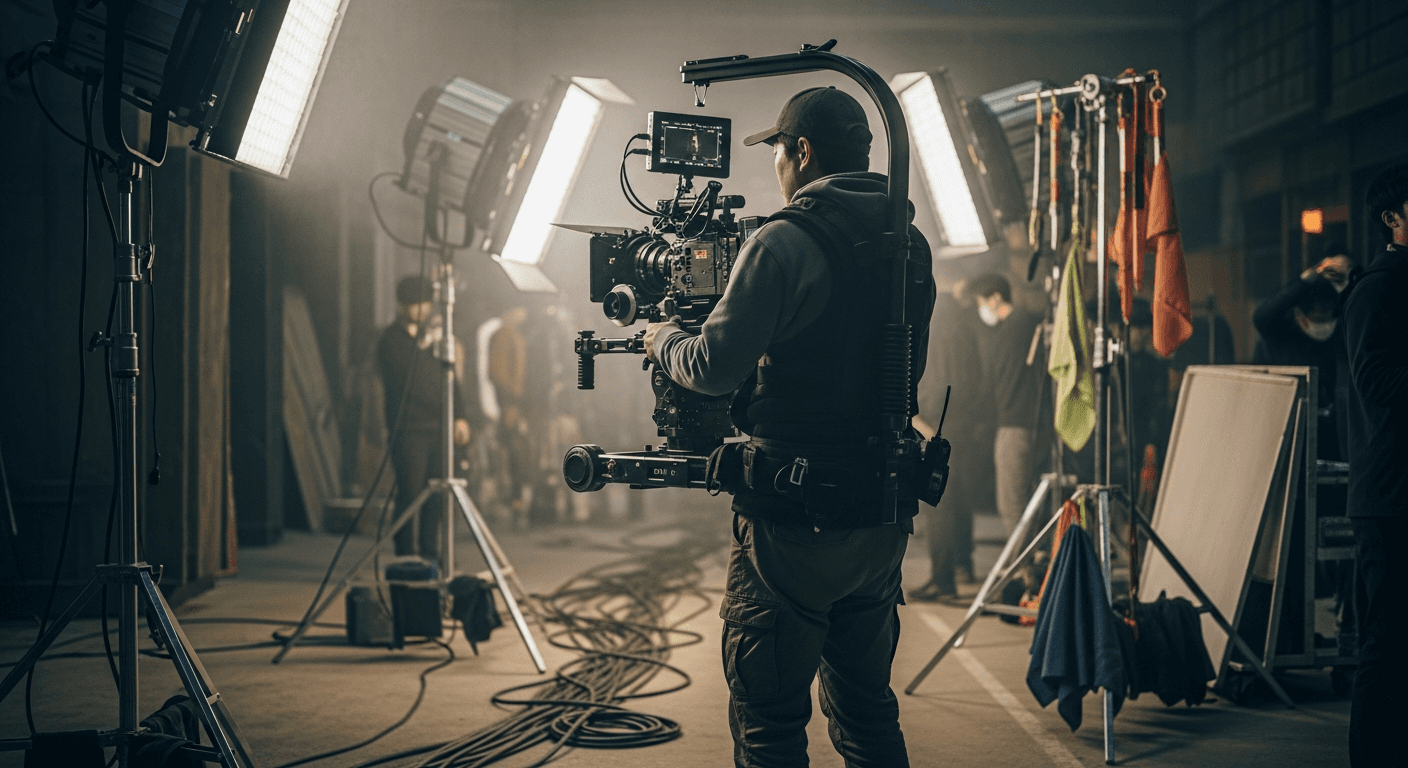 영화 촬영 현장에서 작업 중인 스태프의 뒷모습과 장비들