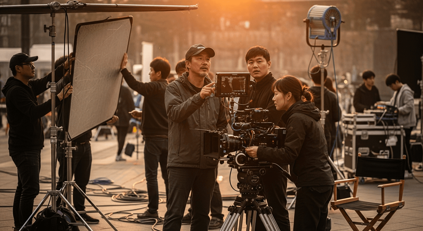 영화 촬영 현장에서 감독과 스태프가 협업하는 장면