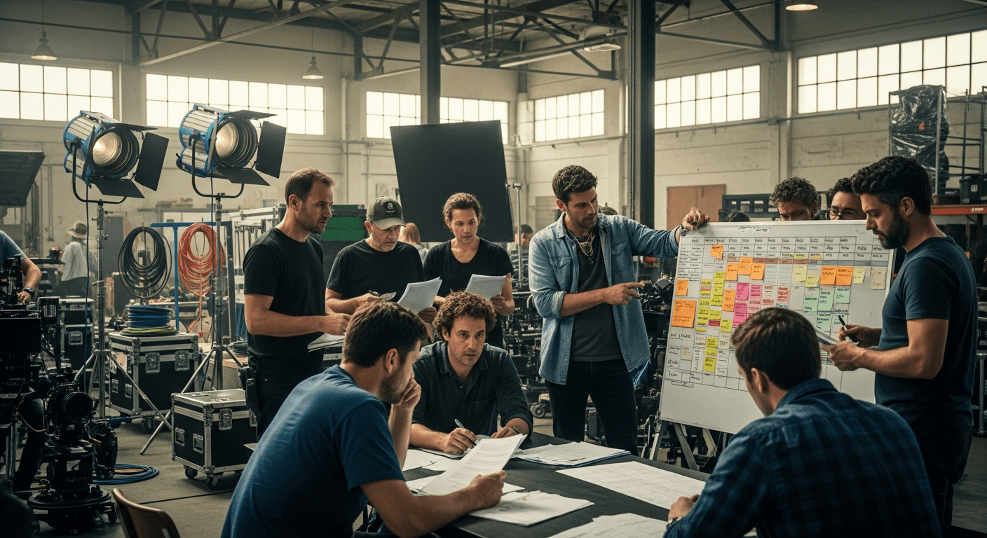 영화 촬영 현장에서 장비를 점검하는 스태프들