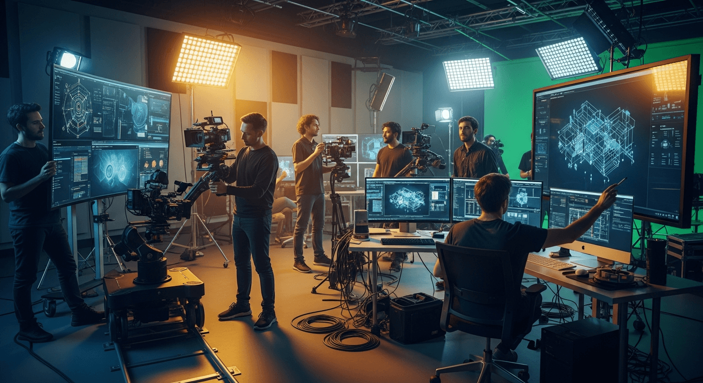 AI 기술과 영상 제작의 융합을 상징하는 첨단 제작 스튜디오