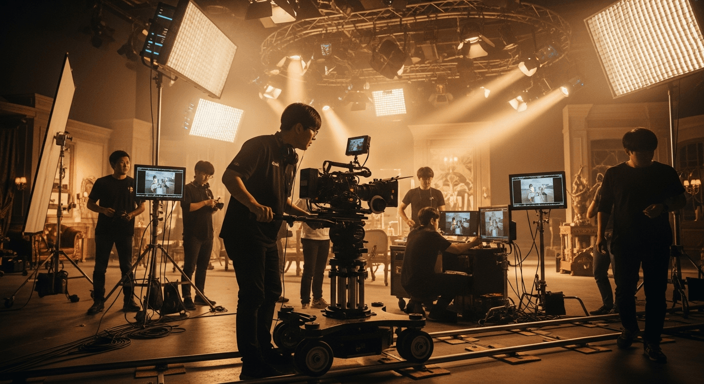 OTT 드라마 세트장에서 카메라를 조작하는 촬영 스태프와 조명 장비