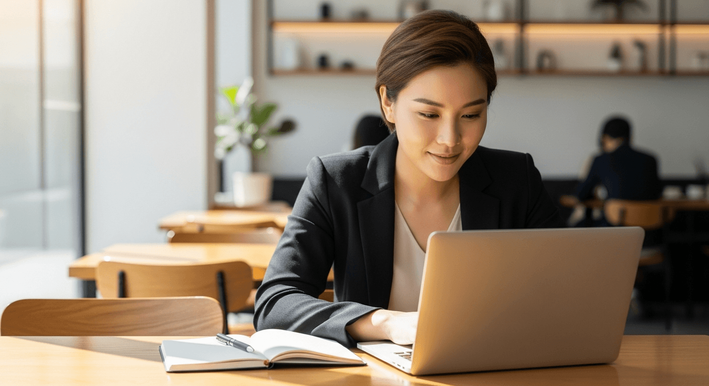영상 업계 구인 플랫폼을 노트북으로 검색하는 스태프의 모습