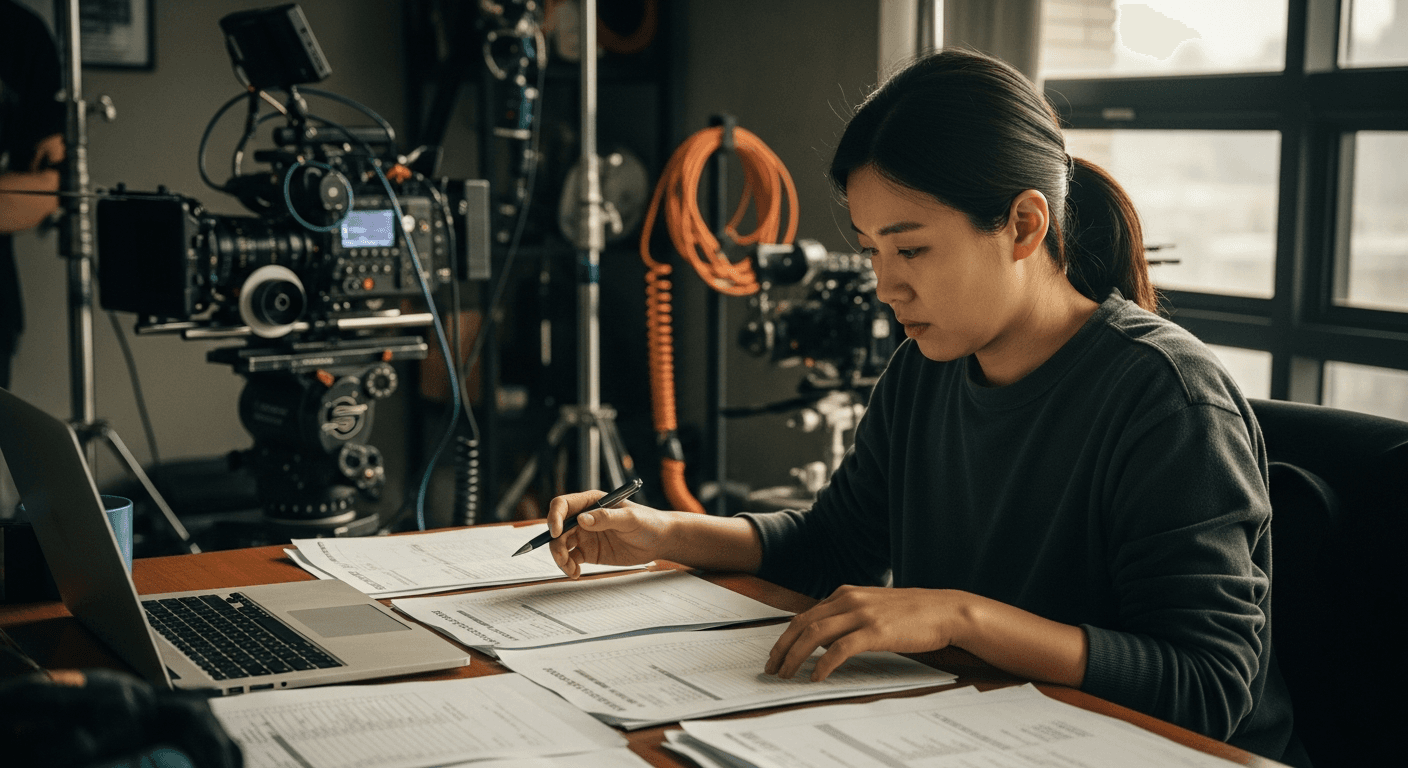 OTT 드라마 제작 현장에서 카메라 옆에 앉아 서류를 검토하는 스태프