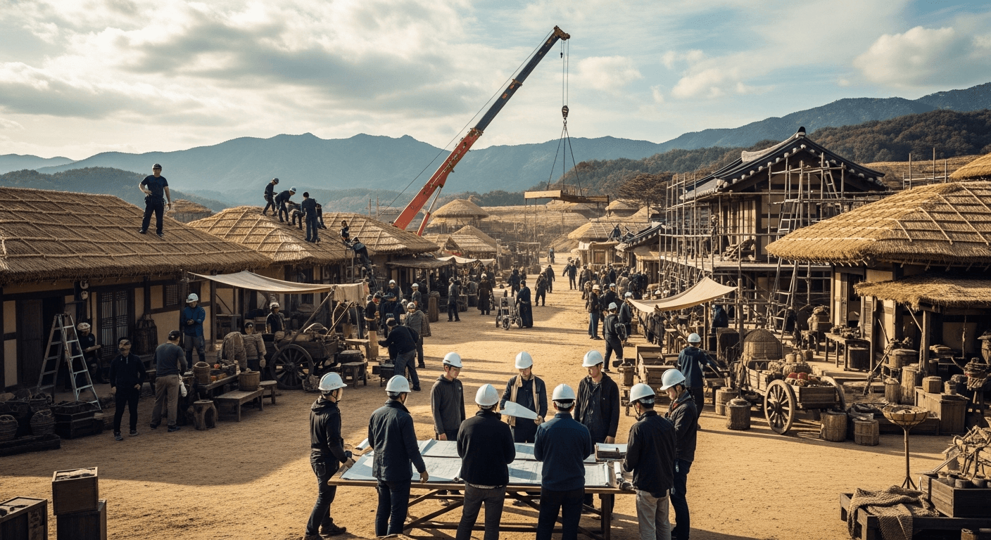 넷플릭스 한국 드라마 촬영 세트장에서 작업 중인 스태프들
