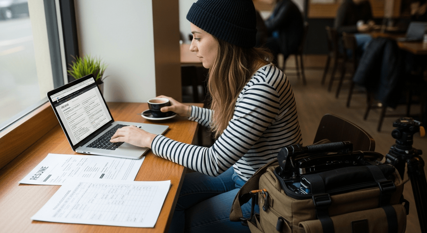 영상 업계 채용 정보를 노트북으로 검색하는 프리랜서 스태프의 작업 장면