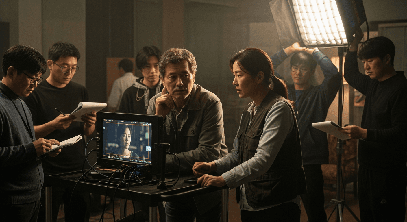 영화 감독과 영상 스태프들이 숏드라마 세트에서 촬영을 준비하는 장면