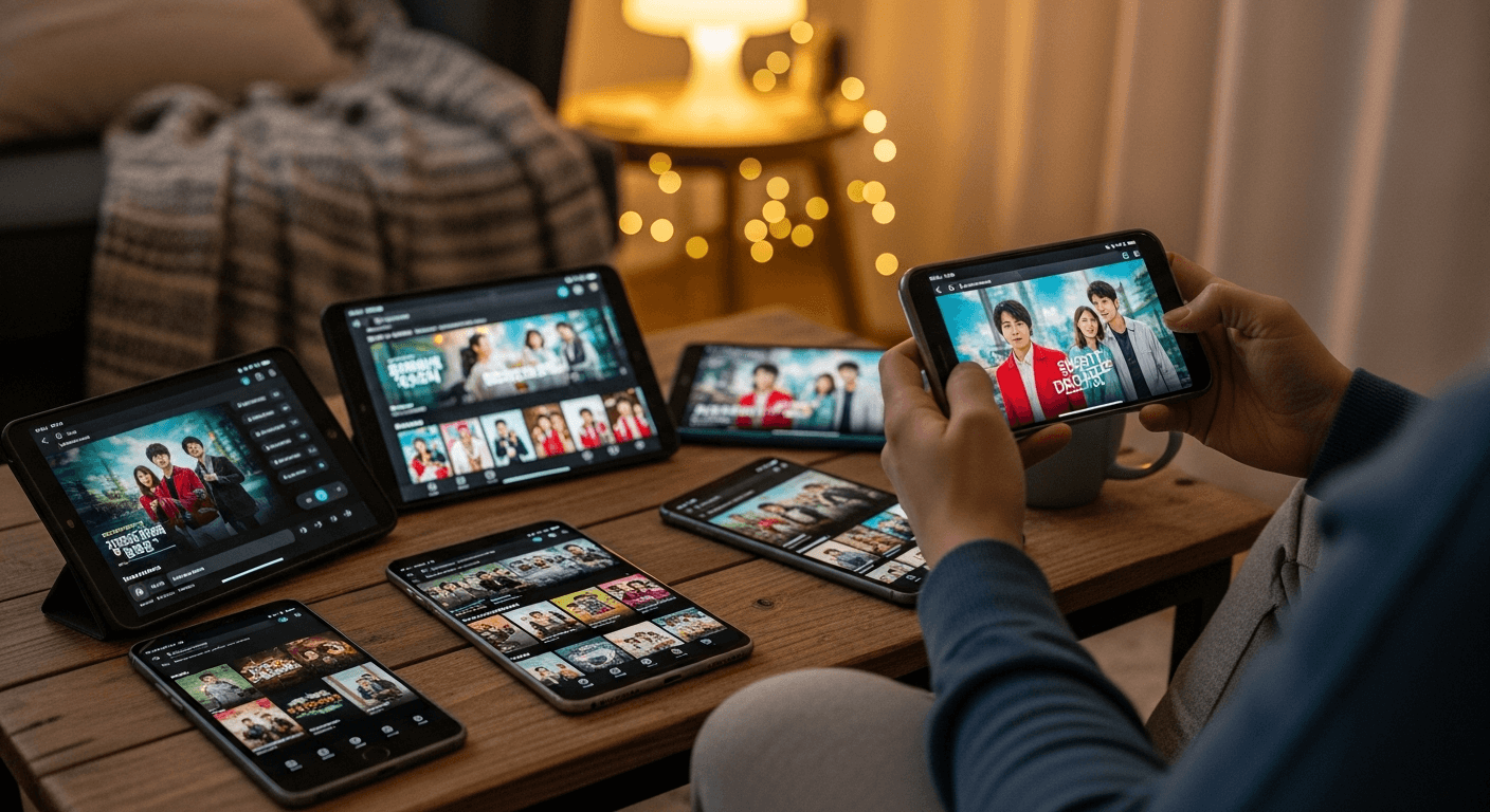 여러 스마트폰과 태블릿에서 숏드라마 앱을 시청하는 장면