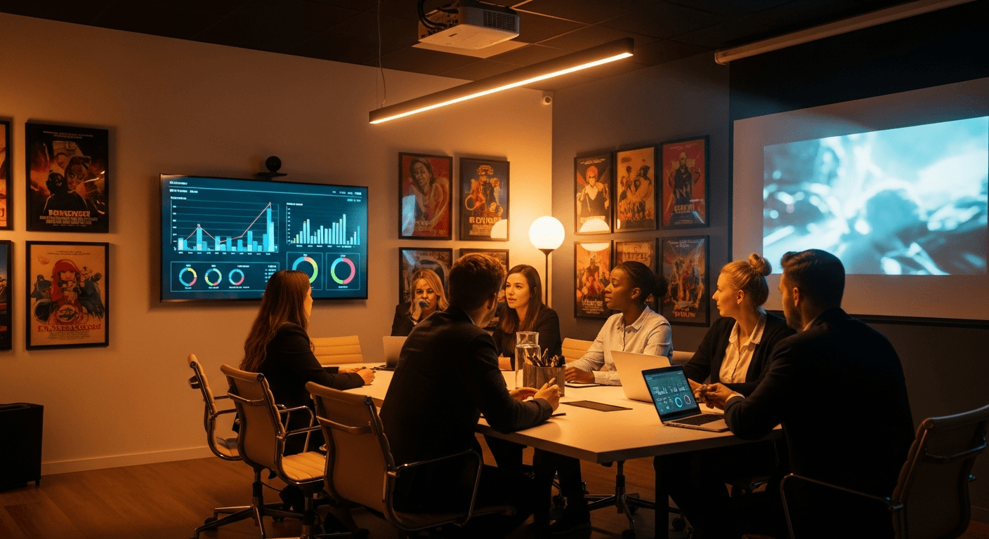 영화 마케팅 전략을 논의하는 배급사 팀과 스크린, 포스터가 있는 회의실 장면