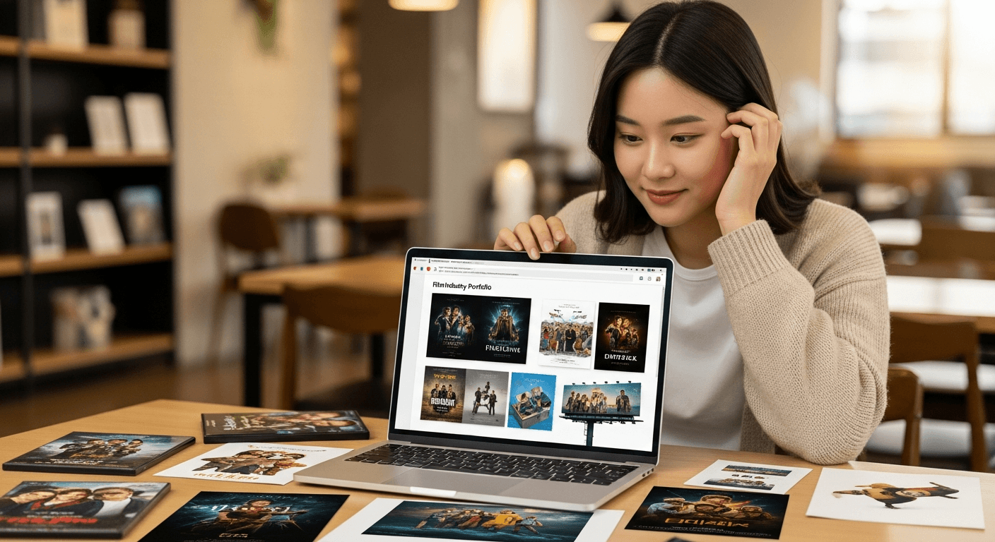 배급사 마케터가 데이터 분석 화면 앞에 앉아 영화 홍보 전략을 수립하는 장면