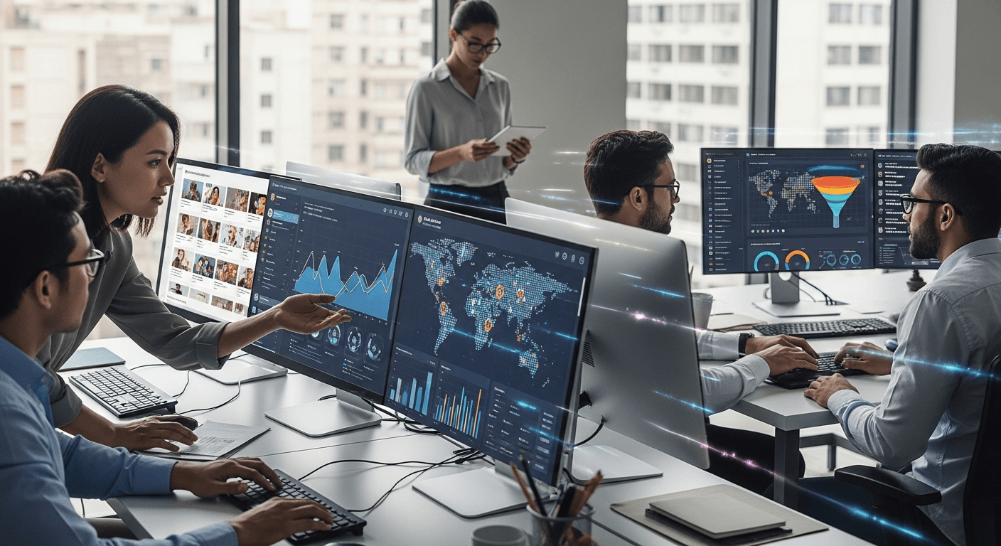 영화 디지털 마케팅 팀이 SNS 소재와 광고 데이터를 분석하는 현대적 사무실 장면