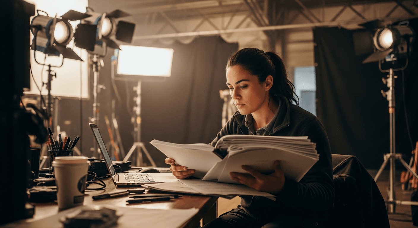 영화 촬영 현장에서 스태프가 계약서를 검토하는 모습