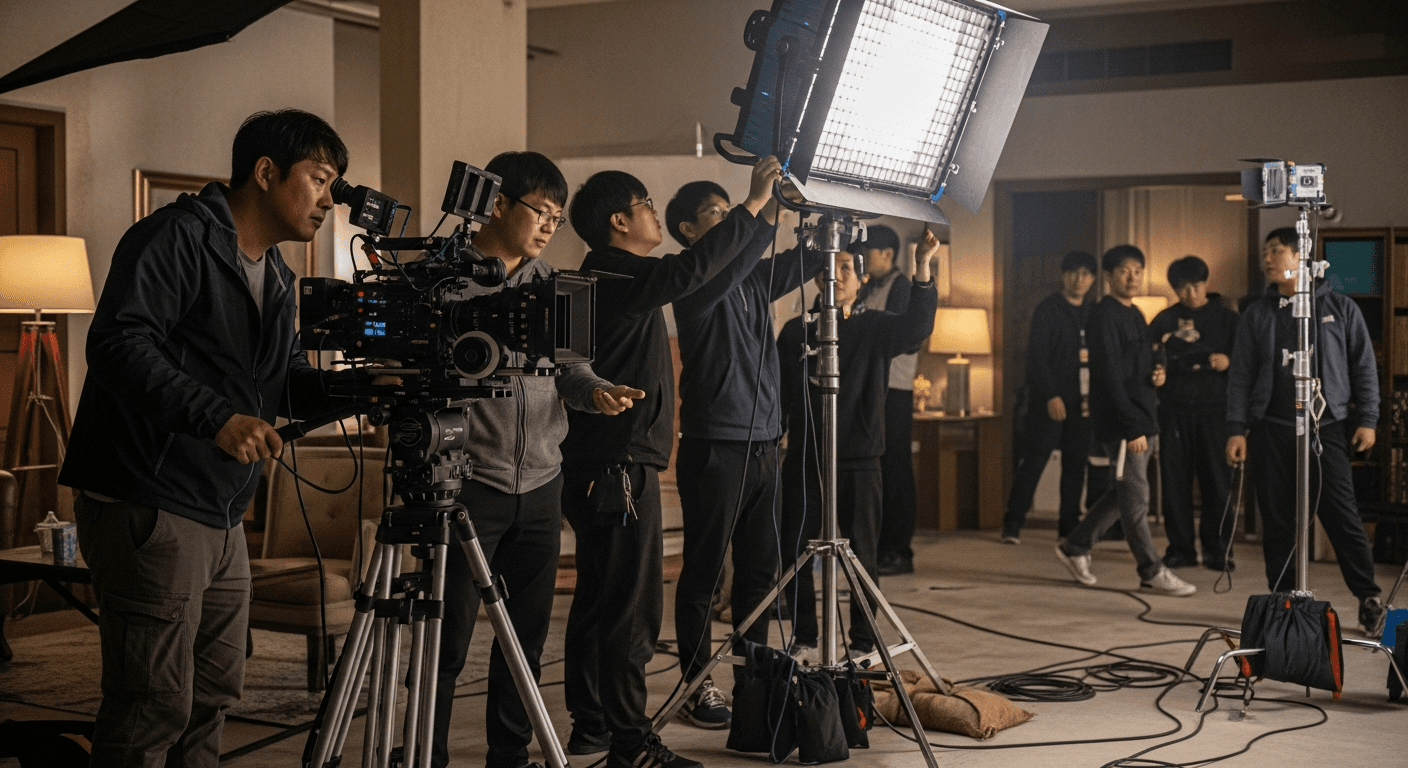 영화 촬영 현장의 스태프들이 작업 준비를 하는 모습