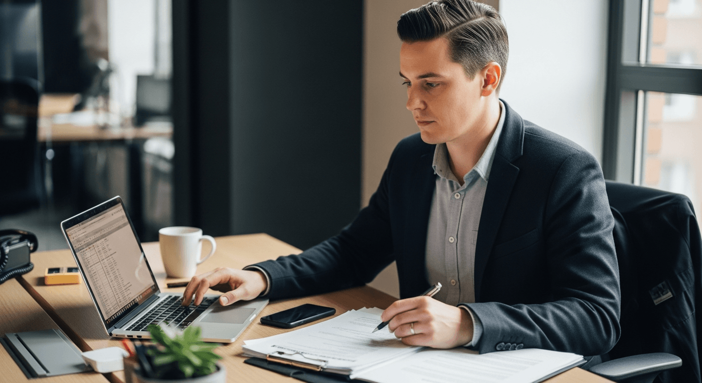 영화 스태프가 사무실에서 서류를 정리하고 노트북을 사용하는 모습
