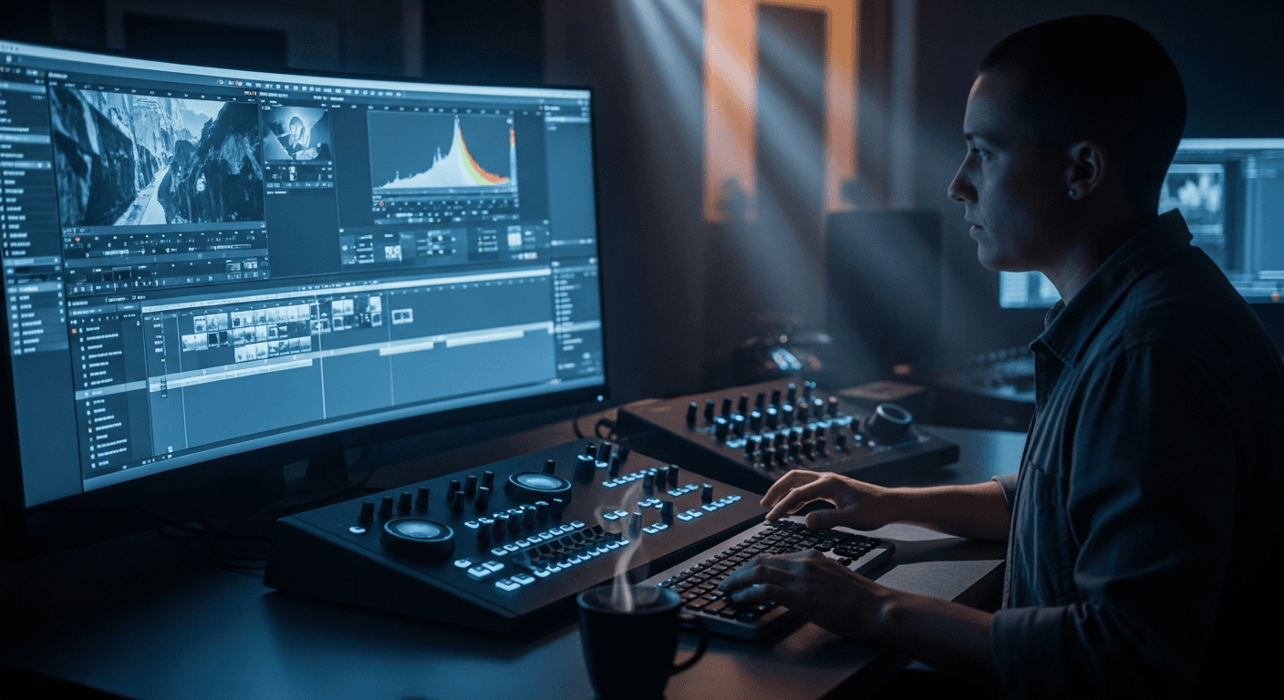 영화 편집실에서 AI 편집 도구를 활용하는 포스트 프로덕션 스태프