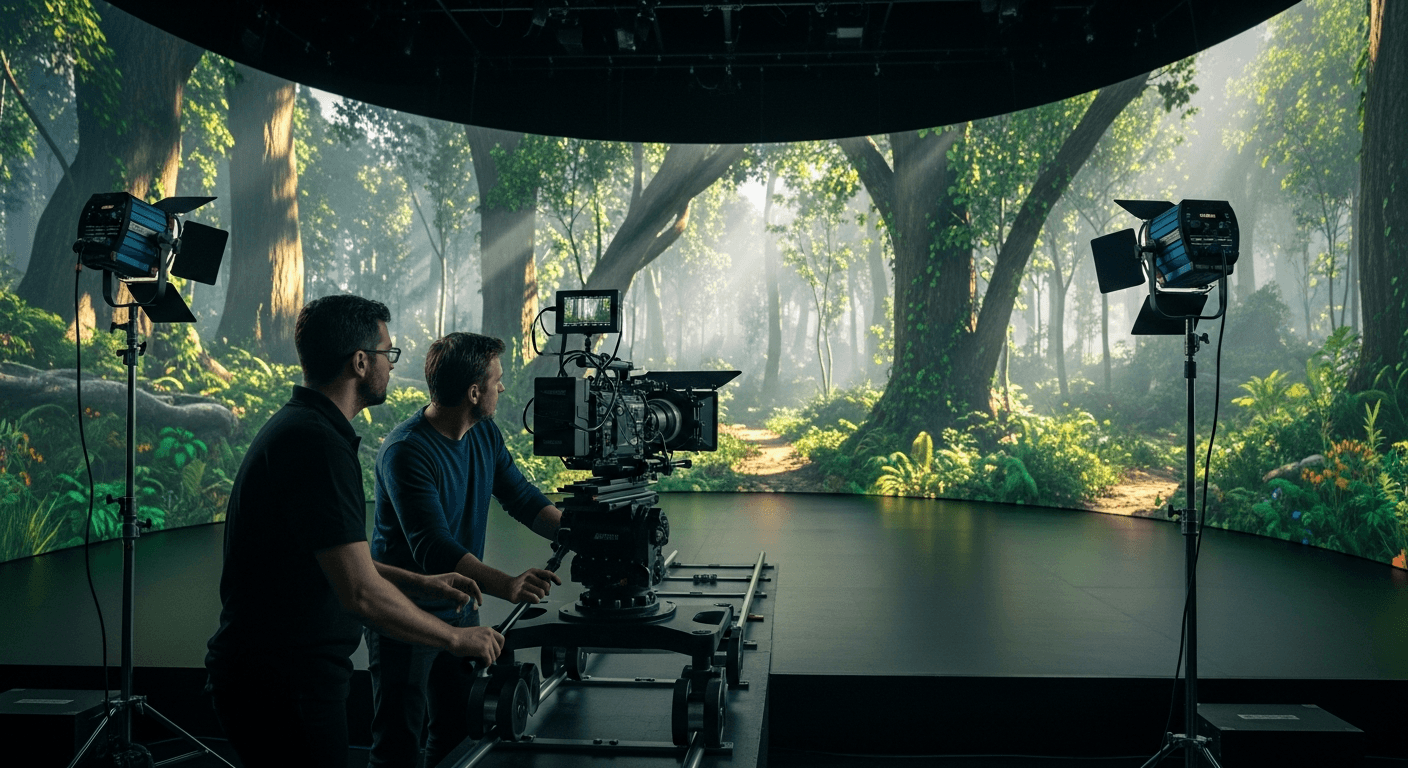 버추얼 프로덕션 LED 스테이지에서 언리얼 엔진으로 촬영 중인 영화 제작팀