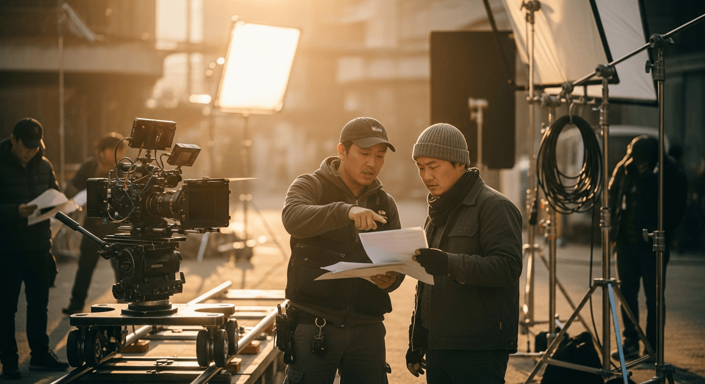 영화 제작 현장에서 스태프들이 서류를 검토하며 노동 권리를 논의하는 모습