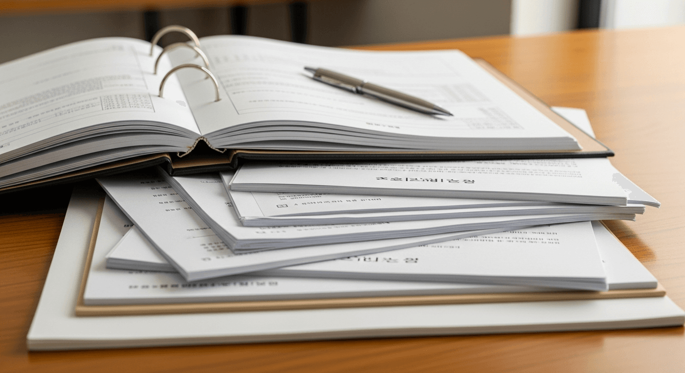 개정 노동조합법 관련 서류와 문서들이 쌓여 있는 모습