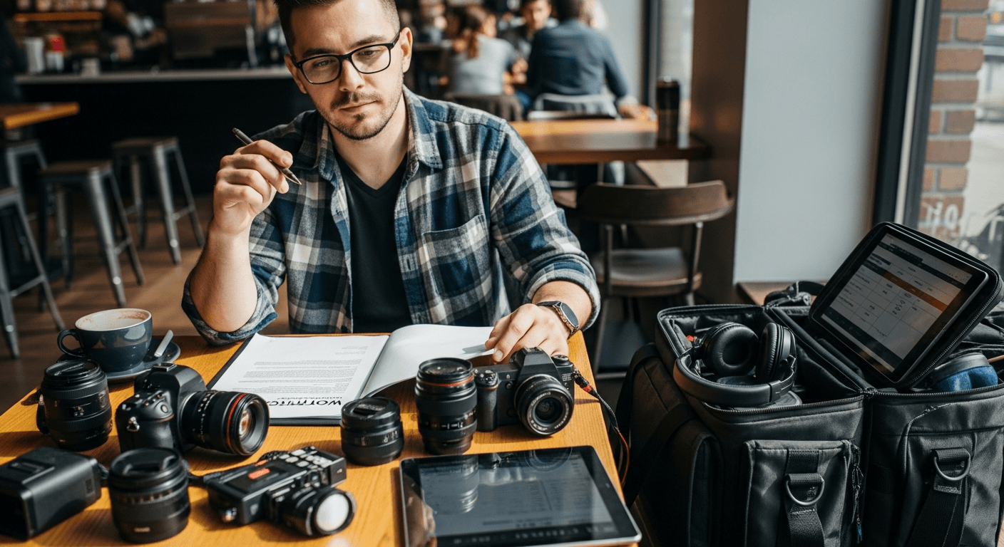영화 업계 스태프가 카메라 장비 옆에서 계약서를 검토하는 모습