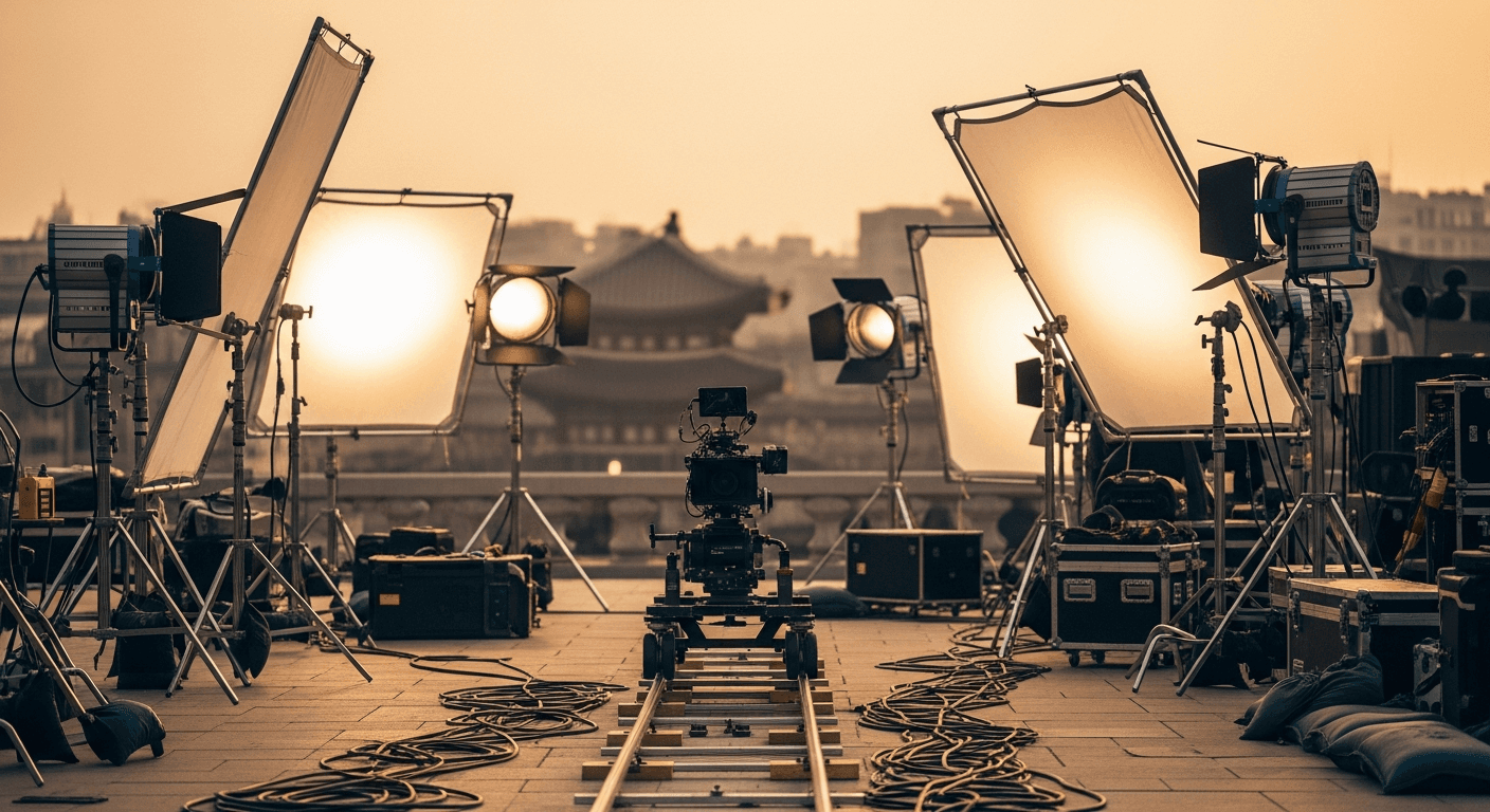 2026년 영화진흥위원회 제작 지원 — 영화 촬영 장비와 조명이 놓인 프로덕션 세트