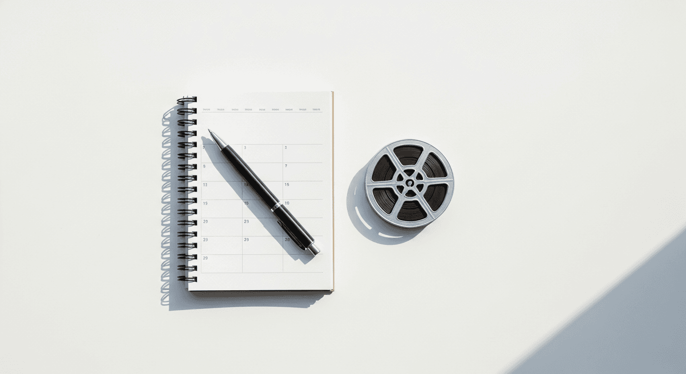 캘린더 노트와 영화 필름 릴이 놓인 깔끔한 책상 플랫레이