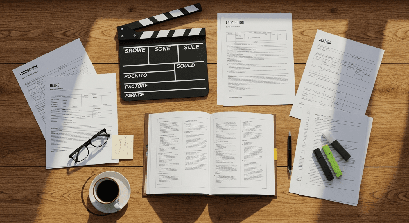 영화 제작 기획 문서와 클래퍼보드가 놓인 작업 책상