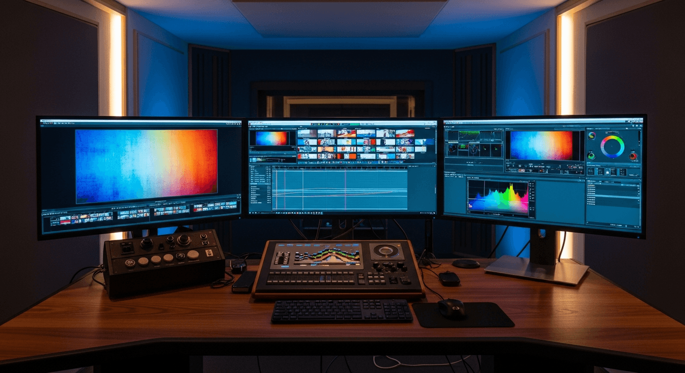 영화 편집실 멀티 모니터와 컬러 그레이딩 장비가 갖춰진 포스트 프로덕션 스튜디오