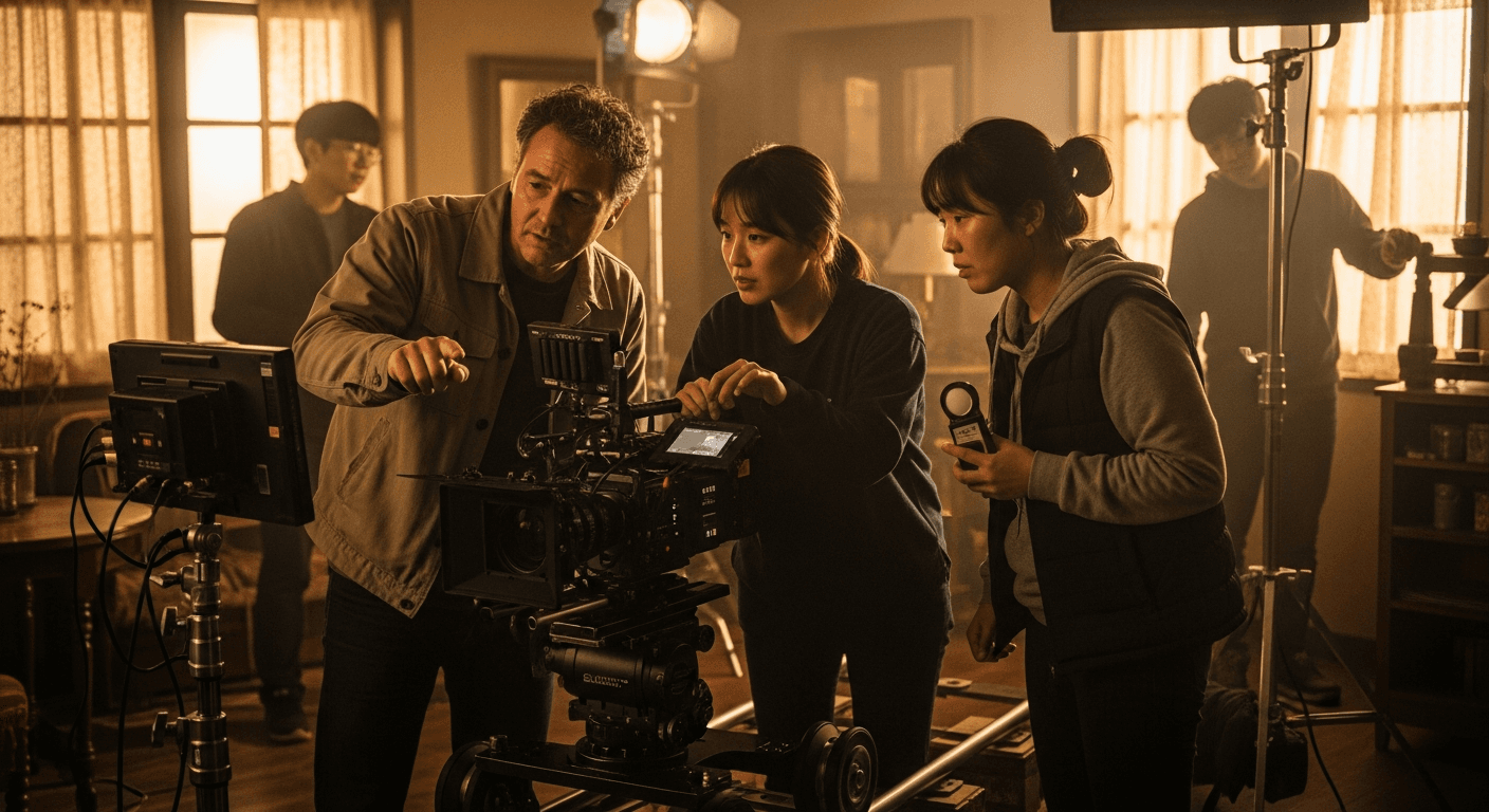 소규모 팀이 협력하는 중예산 영화 촬영 현장
