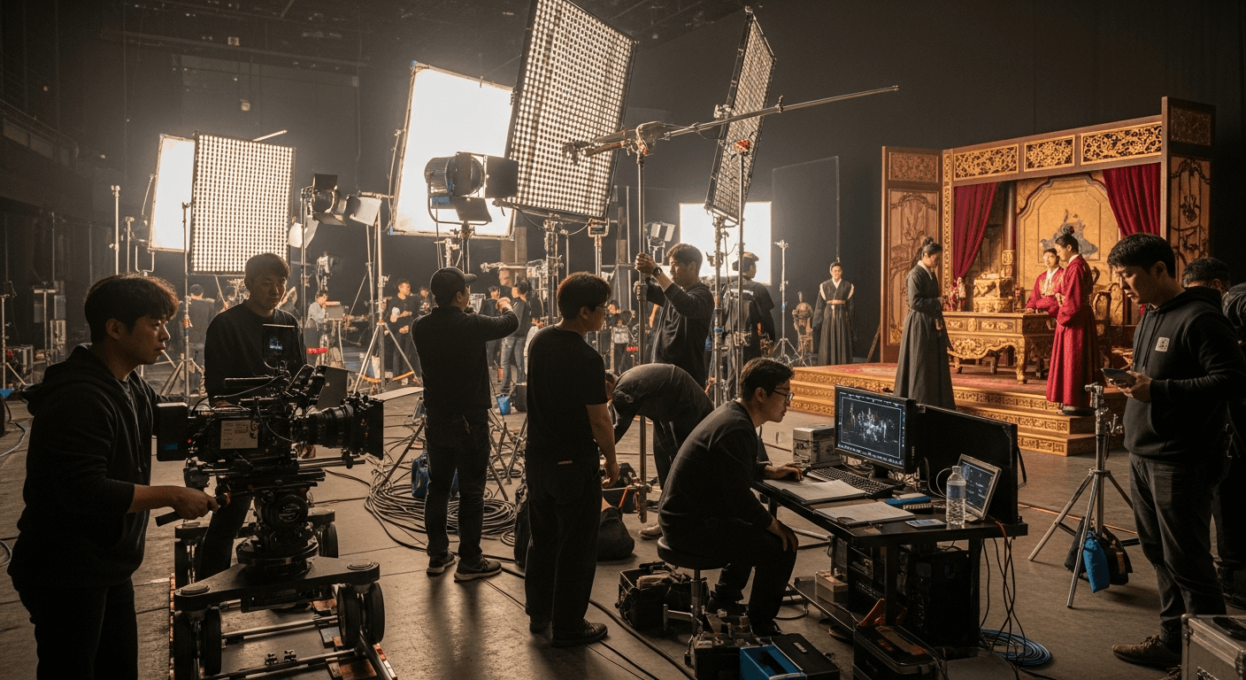 영화 제작 현장에서 여러 부서 스태프들이 협력하며 촬영을 진행하는 모습