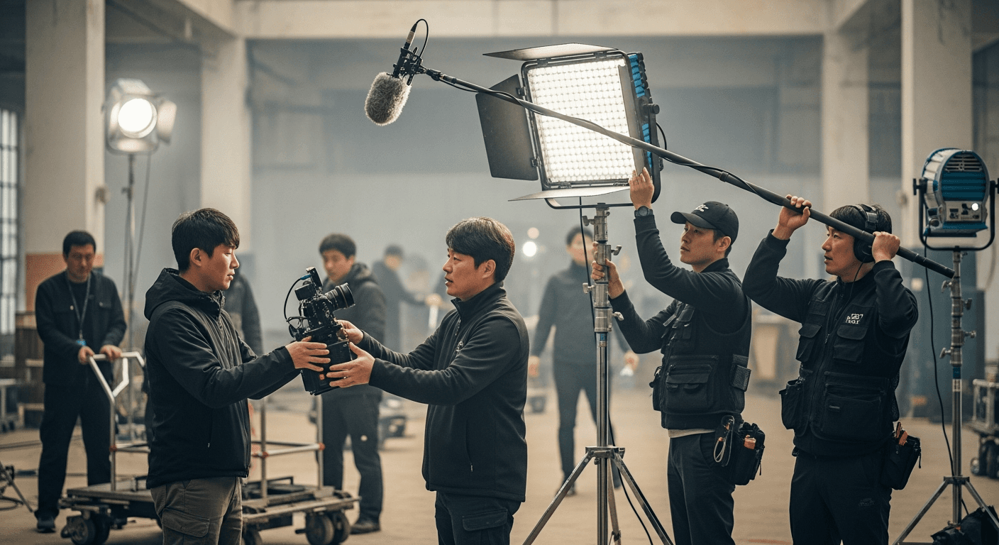 영화 촬영 현장에서 각 부서 스태프들이 장비를 준비하는 장면