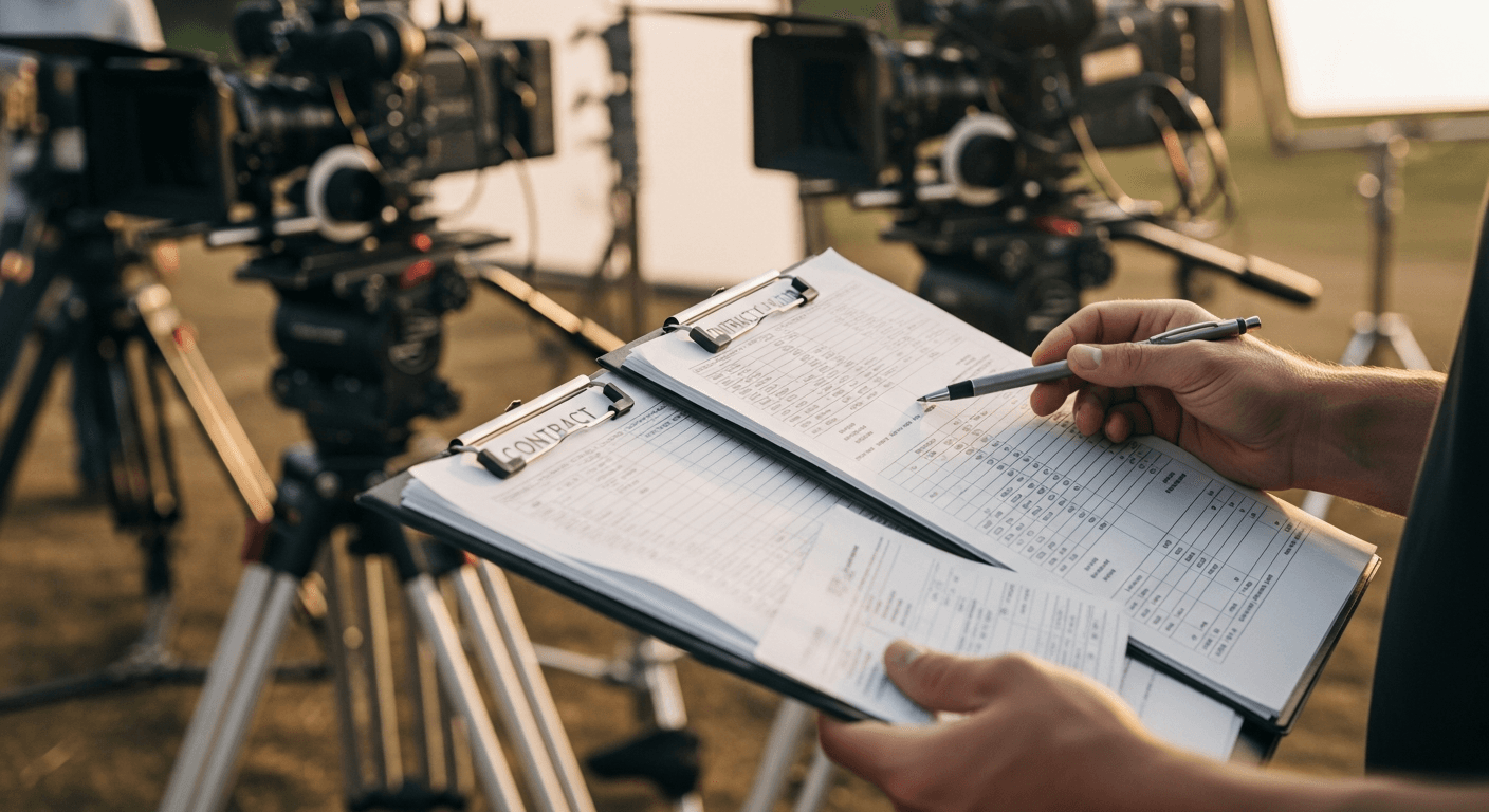 영화 현장에서 스태프가 계약 서류를 검토하는 모습