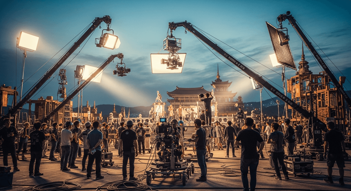 대규모 영화 촬영 현장의 크레인과 조명 장비, 분주하게 움직이는 스태프들