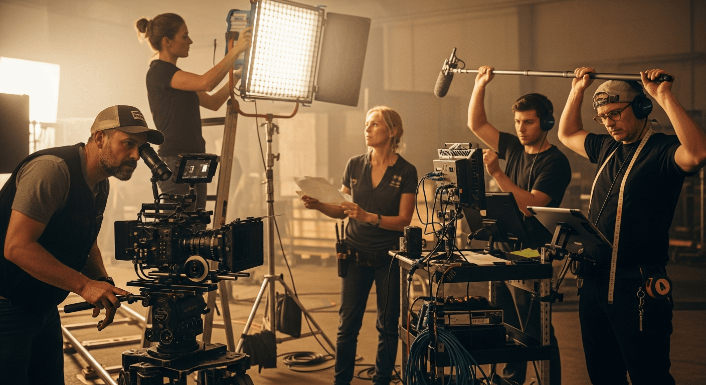 다양한 직군의 영화 스태프들이 세트장에서 협업하는 모습