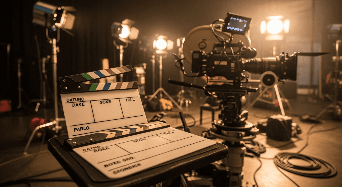 대형 영화 세트장에 설치된 클래퍼보드와 촬영 준비 중인 현장 스태프