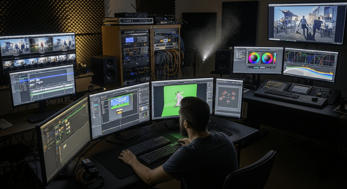 영화 포스트프로덕션 스튜디오에서 VFX 작업 중인 전문가