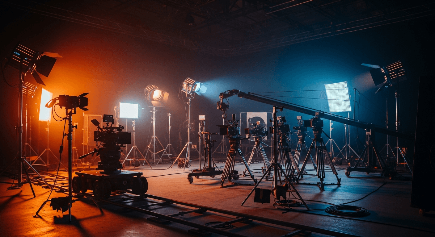 영화 제작 현장의 조명과 카메라 장비, 어두운 스튜디오 세트