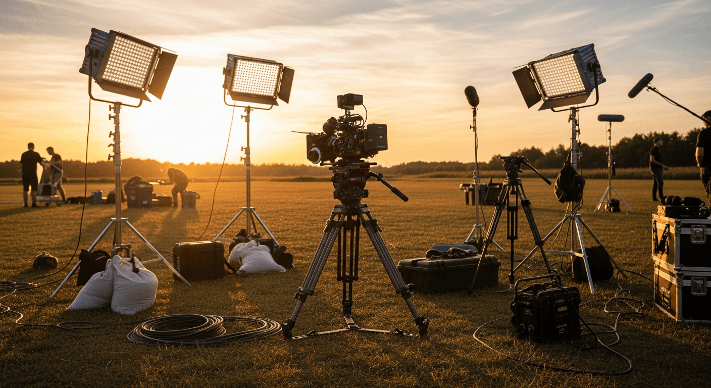 영화 스태프가 야외 촬영 장비를 정리하는 장면, 저녁 노을 배경