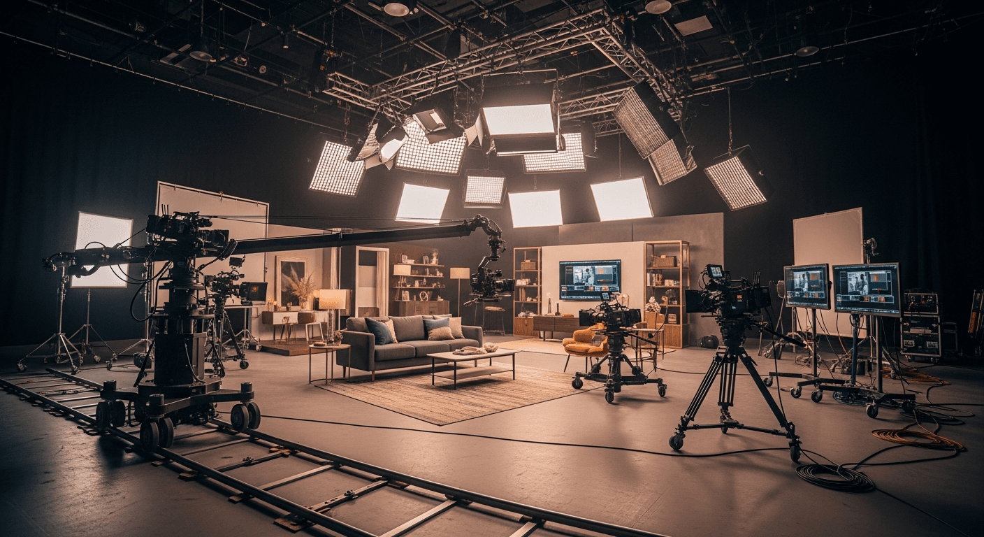 OTT 드라마 세트장의 카메라와 조명 장비, 전문 영상 제작 현장