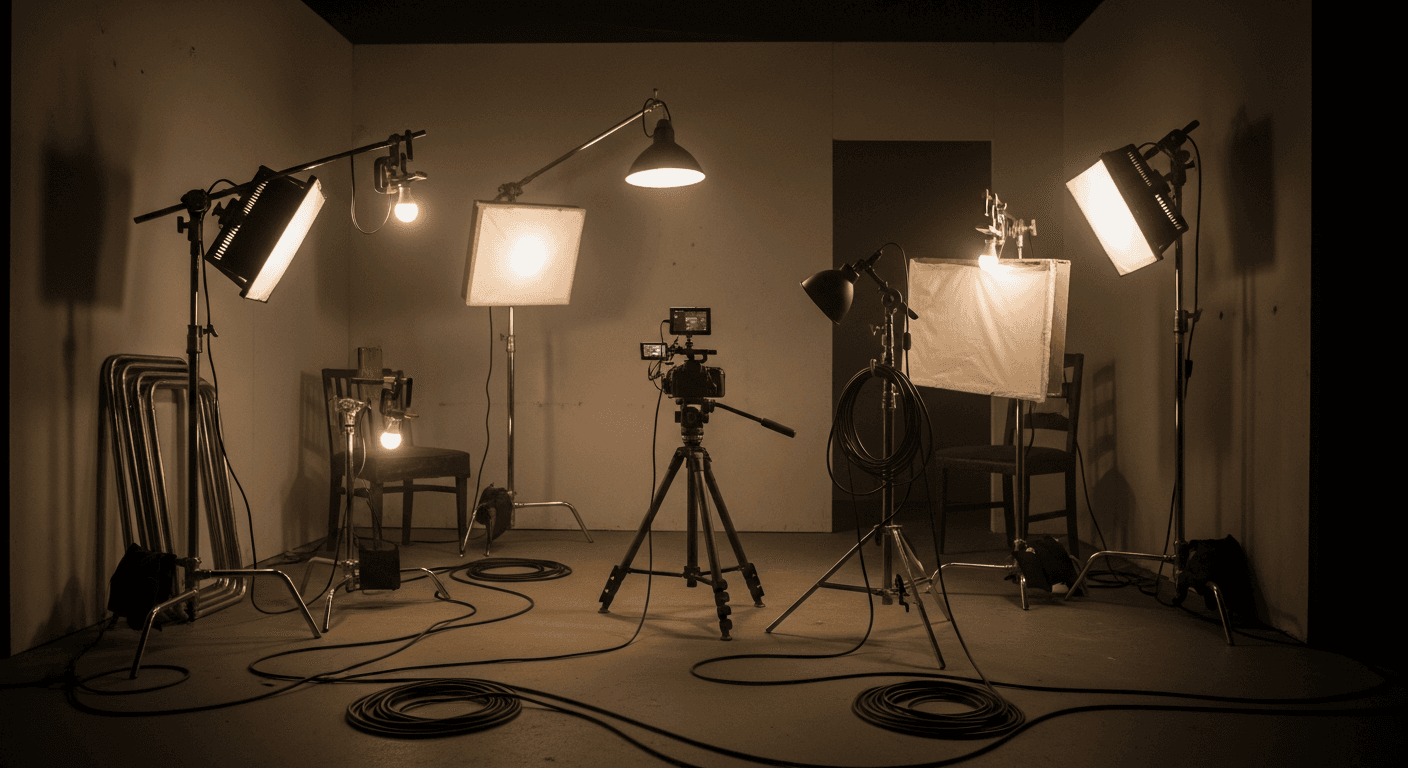 저예산 영화 세트 장비와 조명 셋업, 어두운 촬영 현장