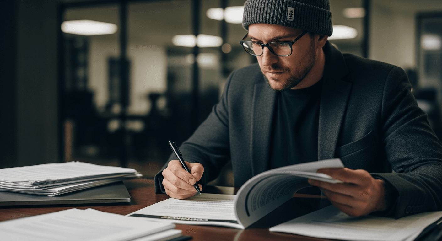 영화 스태프가 근로계약서를 꼼꼼히 검토하는 장면