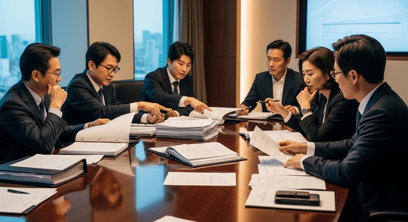 영화 제작비와 투자 구조를 논의하는 프로듀서들의 회의 장면